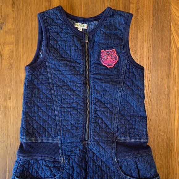 KENZO KIDS Quilted Denim Dress Girls 8 128 Sleeveless Pink Tiger Patch Pockets - Picture 3 of 7